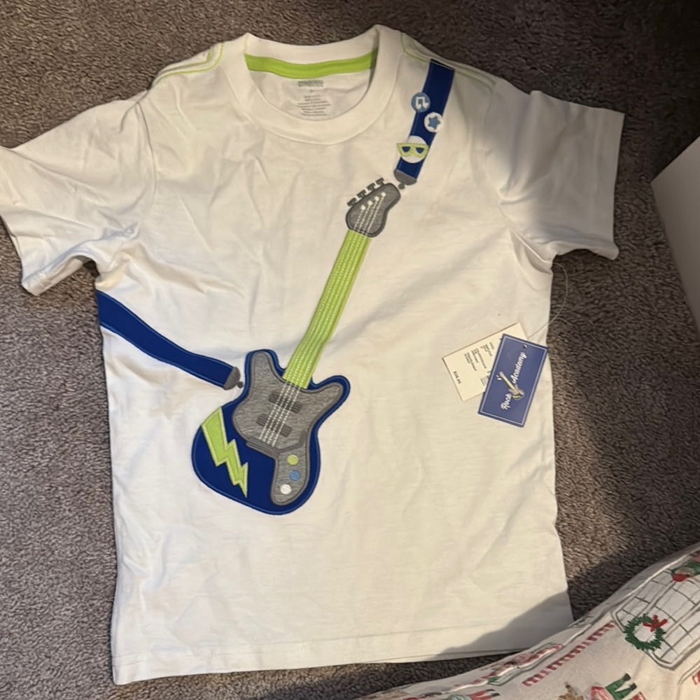 Gymboree White and Blue Short Sleeve Tee with Guitar Graphic